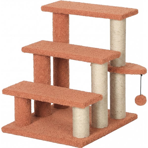 PawHut Katzentreppe Tiertreppe für Katzen und Hunde 3 Stufen mit Kratzsäulen Spielball Plüsch Braun 45x40x48cm für mehr Komfort Aosom.de