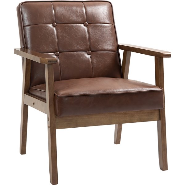 Homcom Fauteuil De Salon, Fauteuil De Chambre En Cuir SynthéTique, Dossier Capitonné, Pieds En Bois Massif, 64X66X80Cm, Marron-image