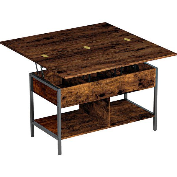Homcom Table Basse Relevable Et Extensible, Table De Salon Avec Compartiment Caché éTagèRes Ouvertes, 98X49X55Cm, Brun Rustique-image