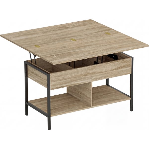 Homcom Table Basse Relevable Et Extensible, Table De Salon Avec Compartiment Caché éTagèRes Ouvertes, 98X49X55Cm, Bois Naturel-image