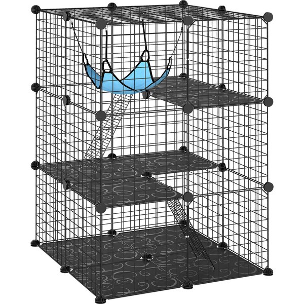 PawHut Indoor Katzenkäfig 105 cm, Stahl-Katzengehege mit 3 Türen, DIY-anpassbares Design für Kätzchen, 3-stöckiger Spielkäfig mit Leitern, Hängematte und Plattform, Schwarz Aosom