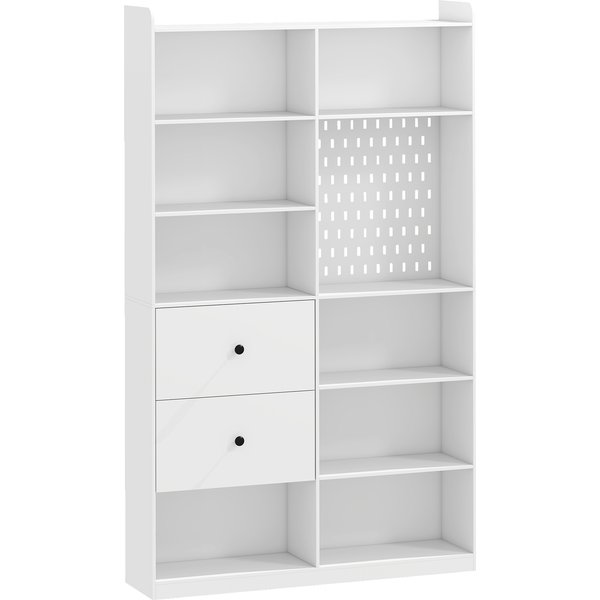 Homcom BibliothèQue, ÉTagèRe 6 Niveaux, 120 X 30 X 200 Cm, Meuble De Rangement Avec 2 Tiroirs Et Panneau Perforé, Blanc-image