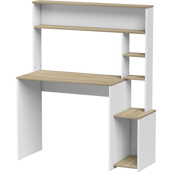 Homcom Bureau Informatique, 114 X 45 X 138 Cm, Bureau Avec Rangement, ÉTagèRes Ouvertes Et Support Uc, Blanc Et Bois Naturel-image