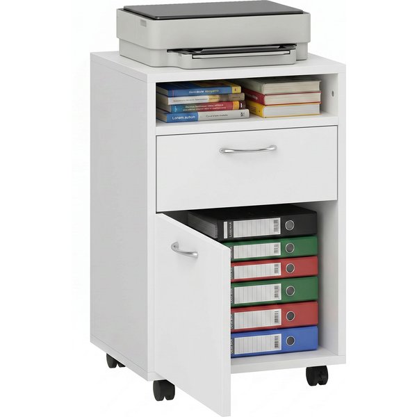 HOMCOM 60cm Storage Cabinet w/ Drawer Open Shelf Metal Handles 4 Wheels Office Home Organiser Mobile Printer White Aosom UK