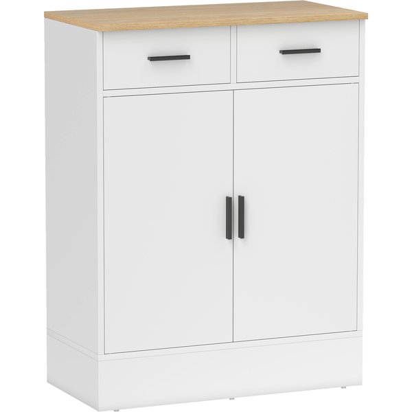 Homcom Buffet, Meuble De Rangement Avec 2 Portes, 2 Tiroirs Et éTagèRe RéGlable, 68,6 X 35 X 90,3 Cm, Bois Naturel Et Blanc-image