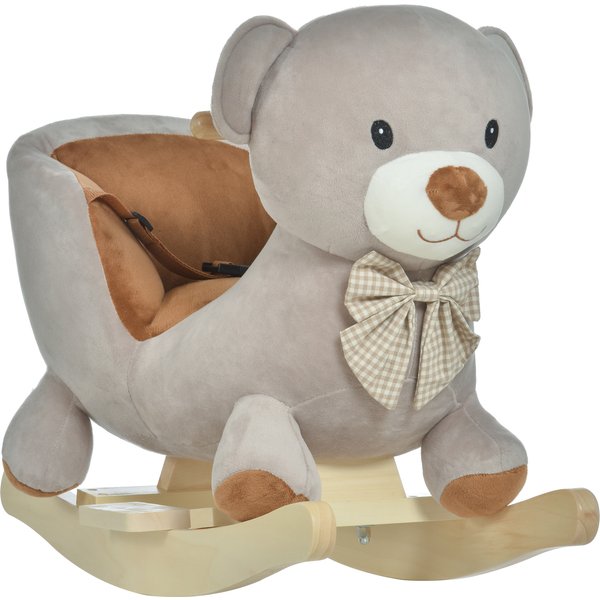 Homcom Cheval à Bascule Jouet à Bascule Ourson Fauteuil IntéGré Ceinture De SéCurité Fonction Sonore Grognement Gris Marron-image