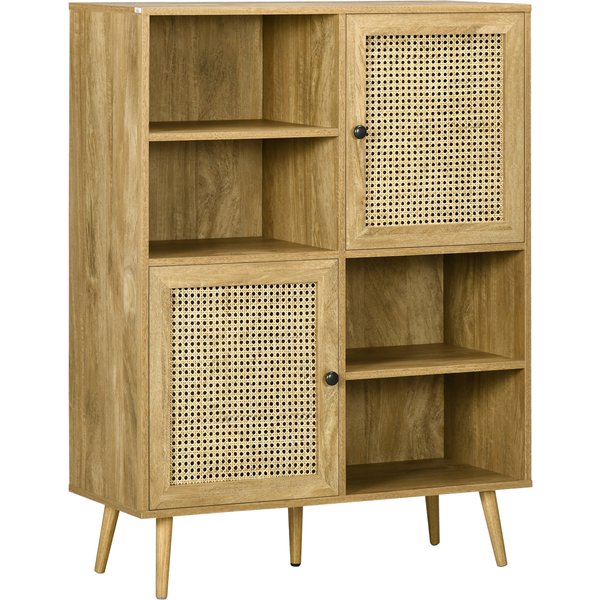 Homcom Meuble De Rangement Buffet Haut Aspect Bois Et Cannage Design 2 Portes - Dim. 90L X 35L X 120H Cm Aosom France-image
