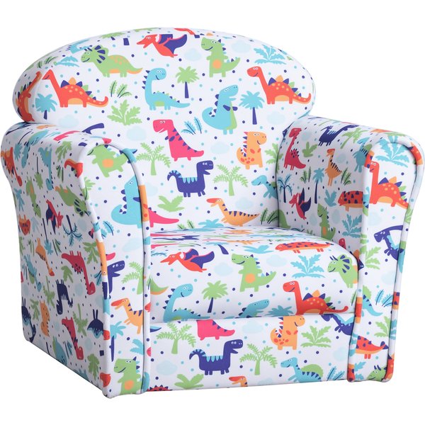 HOMCOM Children Armchair Kids Sofa Tub Chair Seat Cartoon Dinosaur Pattern Bedroom Flannel Wooden Frame Non-slip Playroom Seater Aosom UK