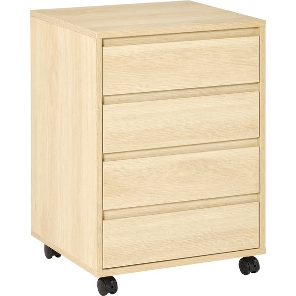 Homcom Caisson De Bureau Caisson De Rangement Mobile 4 Tiroirs Coulissants Roulettes Avec 2 Freins Mdf Classe E1 46 X 40 X 65 Cm Bois Naturel-image