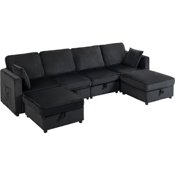 HOMCOM Ecksofa 4-Sitzer U-Form Sofa mit Stauraum-Ottomane, 306 cm Eckcouch mit Cord-Optik, 4 Kissen, für Wohnzimmer, Schlafzimmer, Dunkelgrau Aosom