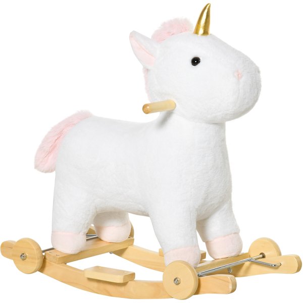 Homcom Cheval à Bascule Enfant En Bois Avec Roues Utilisation 2 En 1 Pour Petits Enfants Effet Sonore 63 X 38 X 63 Cm Blanc-image