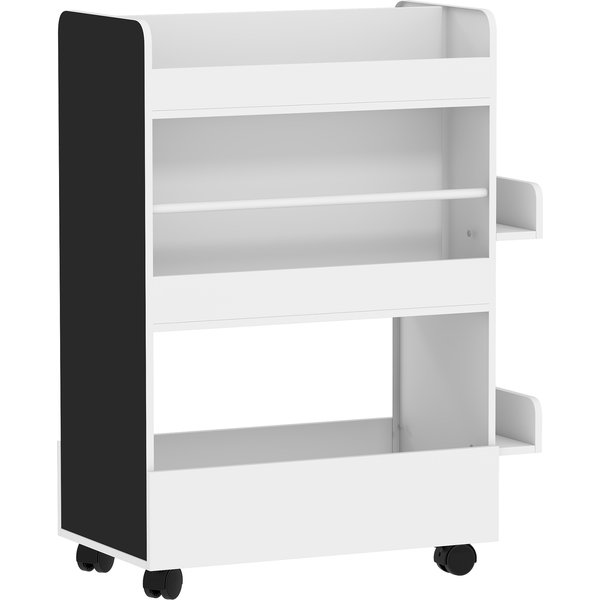 Aiyaplay BibliothèQue Pour Enfant Avec Roulettes, Rangement Livre Enfant De 3 à 8 Ans Avec Tableau Noir, 66,5X32,5X86,5Cm, Blanc-image