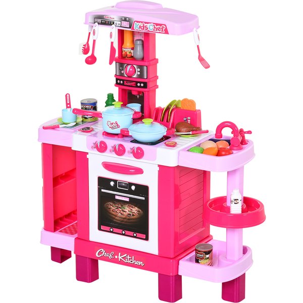 Homcom Cuisine Pour Enfant Recettes Jeu D'imitation 38 Accessoires Inclus Sons Et LumièRes PolypropylèNe Rose-image