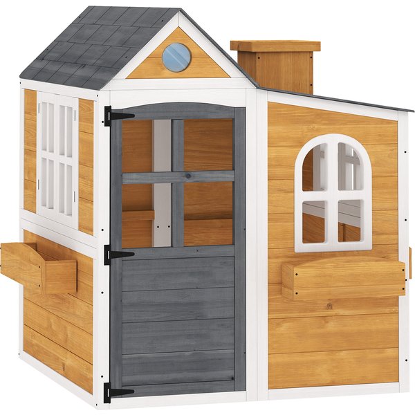 Aiyaplay Cabane Enfant ExtéRieur En Bois, Maison Enfant ExtéRieure/IntéRieure Avec Porte, FenêTres, 3 Bacs à Fleurs, Jaune-image