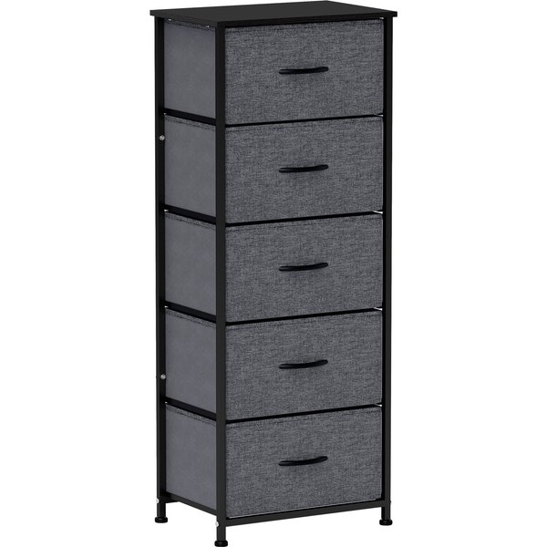Homcom Commode 5 Tiroirs Meuble De Rangement Tiroir En Tissu Pliant - Structure Acier Noir - 45 X 30 X 116 Cm Gris Foncé-image