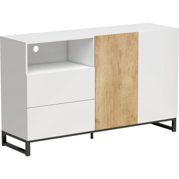HOMCOM Sideboard Moderner Aufbewahrungsschrank mit 2 Soft-Close-Türen und 2 Schubladen, Beistellschrank mit Offenem Fach für TV, Wohnzimmer, Küche, Esszimmer, Büro, 140x40x85 cm, Weiß Aosom
