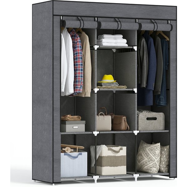 Homcom Armoire Dressing Compacte Grise 8 ÉTagèRes 2 Tringles Rangement Polyester Aosom France-image