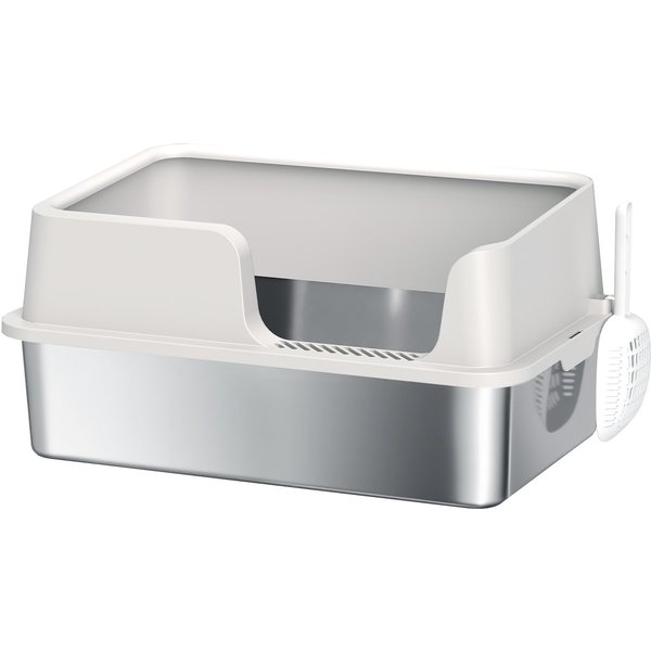 Pawhut LitièRe Pour Chat, Bac à LitièRe En Acier Inoxydable Avec CôTéS Hauts Pelle Nettoyage Facile 60 X 40 X 28 Cm Gris Clair-image