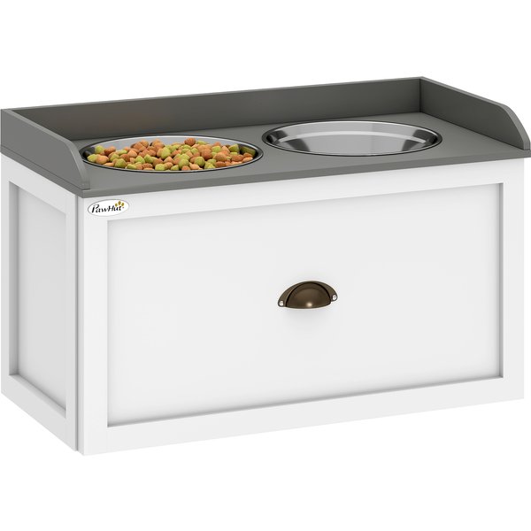 Pawhut Gamelle Double Chien Chat Porte-Gamelles SuréLevé Avec 2 Bols En Acier Inoxydable Tiroir Dim. 60L X 30L X 36H Cm Blanc-image
