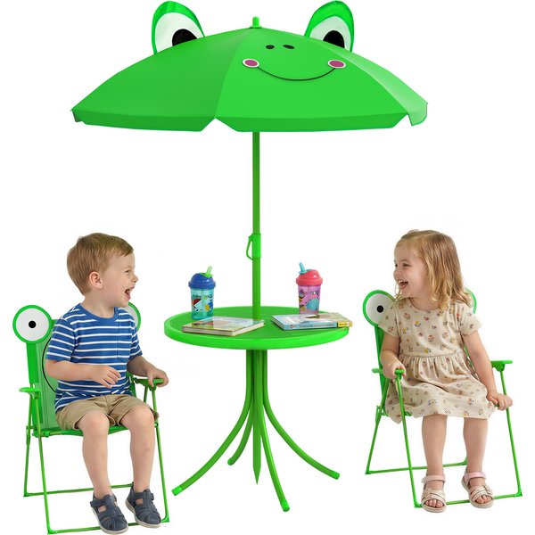 Outsunny Ensemble Salon De Jardin Pour Enfants 2 Chaises Pliables 1 Table 1 Parasol Hauteur RéGlable Ø 50 X 46 Cm Vert-image