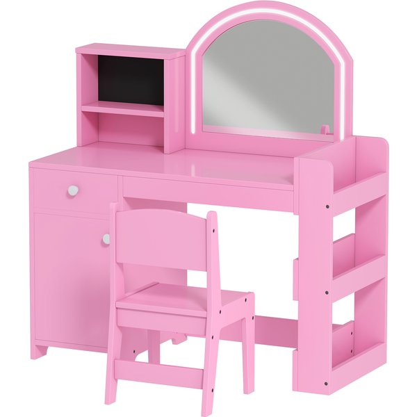 Aiyaplay Coiffeuse Pour Enfants Avec Tabouret Et Miroir Led, Table De Maquillage Pour 3 à 8 Ans, 88,6 X 38,8 X 96,9 Cm, Rose-image