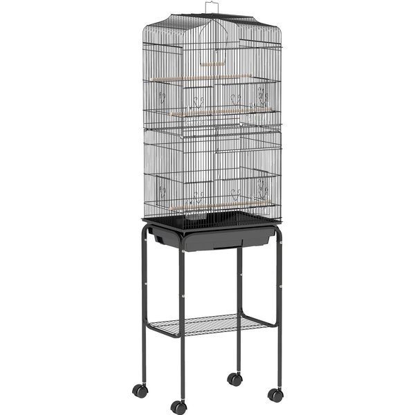 Pawhut Cage à Oiseaux Sur Pied VolièRe Oiseaux Sur Roulettes Toit Ouvrant 3 Perchoirs éTagèRe InféRieure 46,5X36X157Cm Noir-image