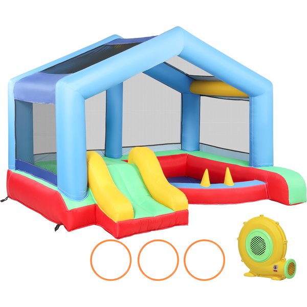 Aiyaplay ChâTeau Gonflable 4 En 1, Aire De Jeux Avec Souffleur, Toboggan, Piscine à Balles, Jeu De Lancer D'anneaux, Multicolore-image