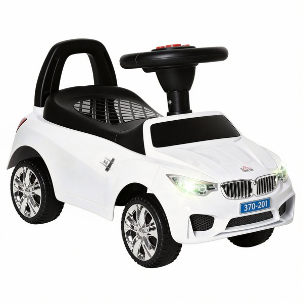 Homcom Porteur Enfants Voiture, VéHicule à Pousser Avec Coffre à Jouets, Klaxon, Phares Et Musique, 63,5 X 28 X 36 Cm, Blanc-image