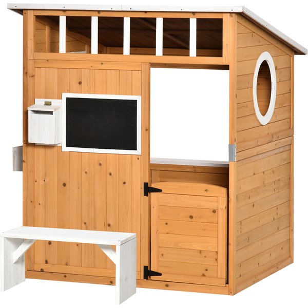Outsunny Spielhaus für Kinder Holz Kinderspielhaus mit Fenster Briefkasten Outdoor Gartenspielhaus mit Blumentopfrack Holzspielhaus für 3-8 Jahre Tannenholz Natur 122 x 108 x 135,5 cm Aosom