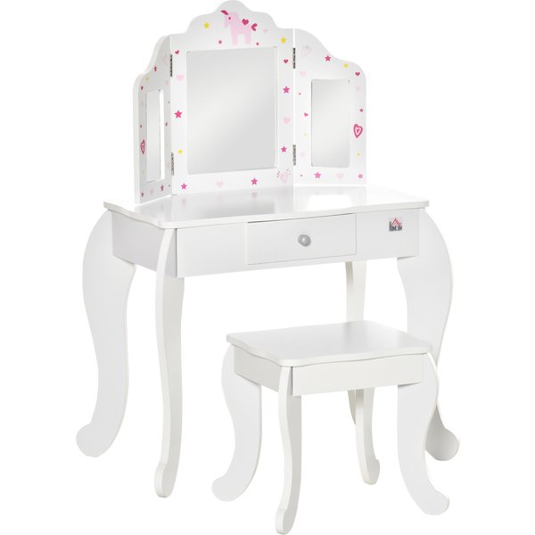Homcom Coiffeuse Enfant Avec Tabouret, Miroir Triptyque Et Tiroir Coulissant - Coiffeuse Dim. 63L X 40L X 85,5H Cm-image