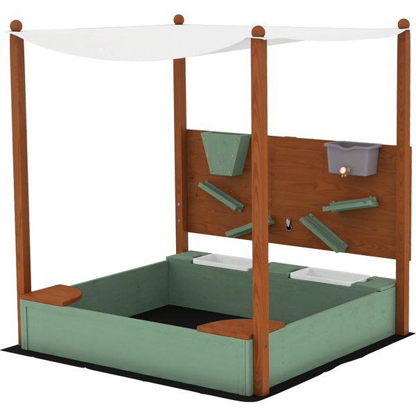AIYAPLAY Sandkasten mit Dach, 116 x 112,5 cm Sandkiste aus Holz Sandbox mit Sitzfläche, 2 Behältern, Sand- und Wasserspielzeug, Eimer mit Wasserhahn für 3-6 Jahre Kinder Grün Aosom