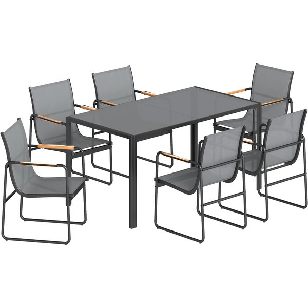 Outsunny Ensemble De Salle à Manger D'extéRieur 7 PièCes Pour 6 Personnes, Table En Verre Et Chaises En Maille Avec Accoudoirs DéCoratifs, Gris-image