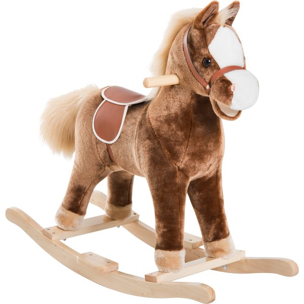 Homcom Cheval à Bascule Cheval De Cowboy Selle Grand Confort Peluche Courte Douce Bois Peuplier Brun Blanc-image