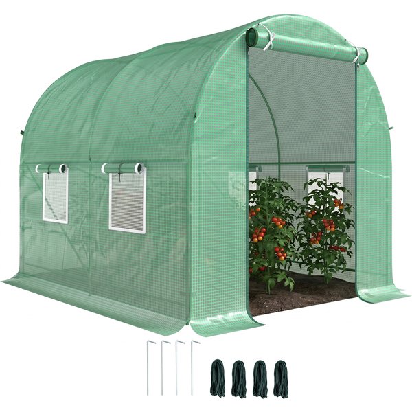 Outsunny Serre De Jardin Tunnel 5 M² 2,5L X 2L X 2H M Acier Renforcé Ø 1,8 Cm + Pe Haute Densité 140 G/M² FenêTres Porte DéRoulante Vert-image