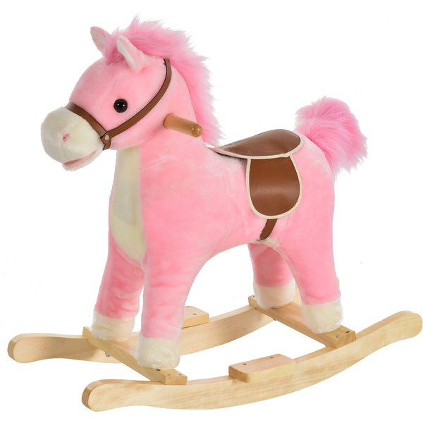 Homcom Cheval à Bascule Selle Grand Confort Peluche Courte Douce Bois Peuplier Rose Dim. 65L X 32,5L X 61H Cm-image