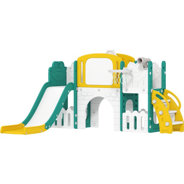 AIYAPLAY Kinderrutsche 7 in 1 Indoor und Outdoor Babyrutsche mit Basketballkorb, Klettergerüst, Tunnel, Spielteleskope, Stauraum, Reißbrett, Frosch-Motiv Spielplatz für Kleinkinder 1-3 Jahre, Gelb Aosom
