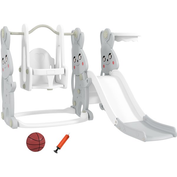 AIYAPLAY Rutsche 4-in-1 Kinderrutsche mit Schaukel, Klettergerüst, Basketballkorb, Kinder Spielplatz mit Hasendesign Kleinkinderrutsche für Indoor und Outdoor Kinder von 1,5-4 Jahren Grau Aosom