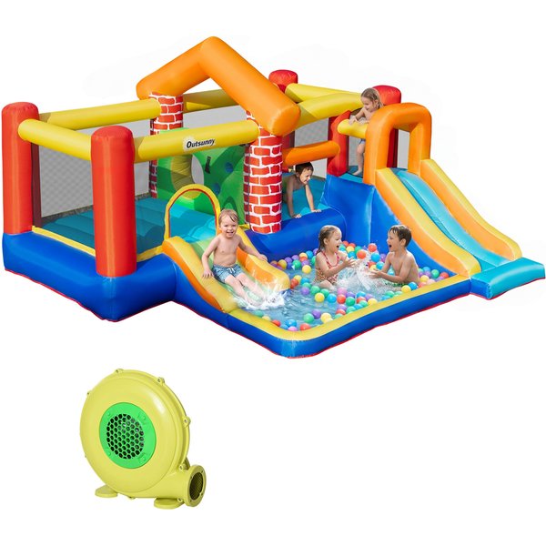 Outsunny 4 in 1 Kids Bounce Castle Extra Large Double Slides & Trampoline Design Inflatable House Pool Climbing Wall for Kids Age 3-8, 3.8x3.7x2.3m