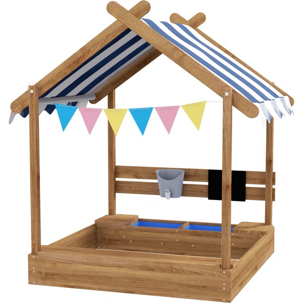Outsunny Bac à Sable Bois Forme De Maison Pour Enfant Avec Auvent 2 Bacs éVier Tableau 124 X 116 X 146 Cm Noir-image