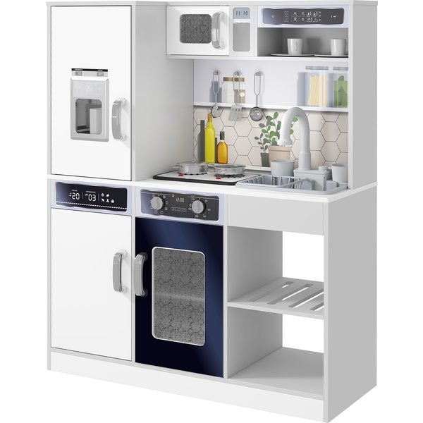 AIYAPLAY Kinderküche Spielküche mit Lichtern und Geräuschen Kochherd, fließendes Wasser, Kaffeemaschine, Kühlschrank, Mikrowelle, Eiswürfelmaschine, Küchenzubehör für 3-8 Jahre Kinder, Weiß Aosom