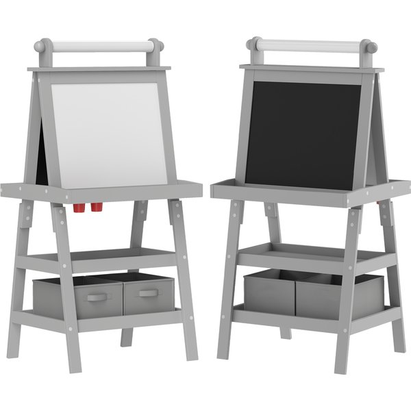 Aiyaplay Tableau Chevalet Enfant 3 En 1 Avec Tableau Blanc MagnéTique, Tableau à Craie, Rouleau Papier, 2 Paniers, 3-6 Ans, Gris-image