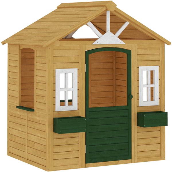 Aiyaplay Cabane Enfant ExtéRieur En Bois, Maison Enfant ExtéRieure Avec Porte, FenêTres, 2 Bacs à Fleurs, 134,5X97X150Cm, Marron-image