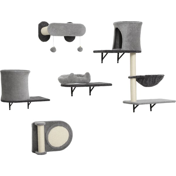 Pawhut ÉTagèRes Murales Pour Chat Arbre à Chat Mural 5 PièCes 2 Niches Hamac Plateformes Griffoirs En Sisal Gris-image