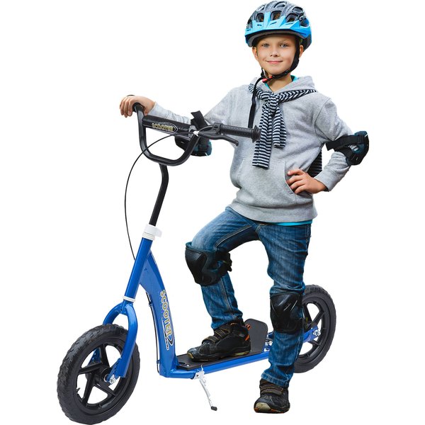Homcom Trottinette Patinette Pneus 30 Cm Hauteur Guidon RéGlable PoignéE Frein Et BéQuille Acier Bleu-image