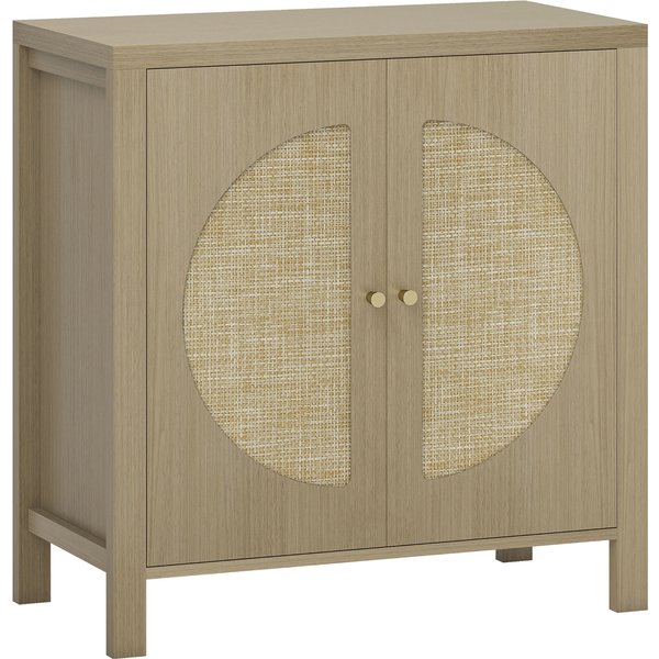 Homcom Buffet Cuisine, Meuble De Rangement Avec 2 Portes Effet Rotin Et éTagèRe RéGlable, 75 X 38 X 77 Cm, Bois Naturel-image