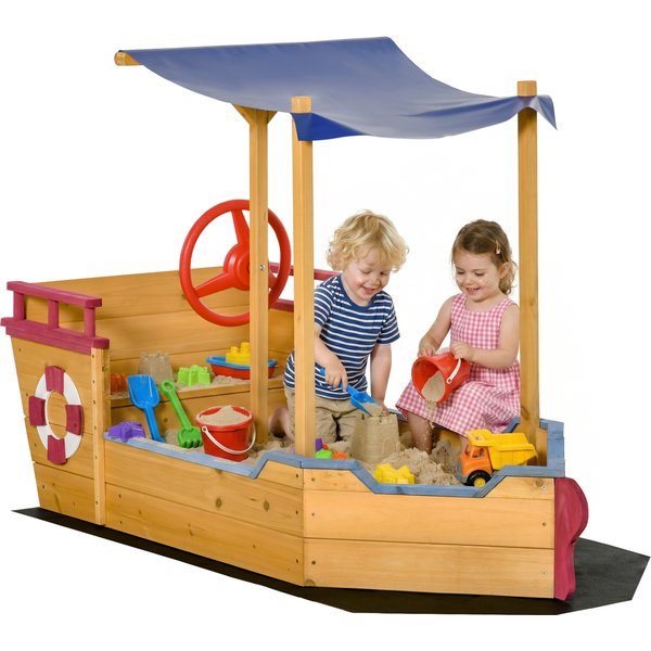 Outsunny Kids Wooden Sandbox Play Station, Covered Children Sand boat Outdoor, for Backyard, w/ Canopy Shade, Aged 3-8 Years Old, Orange Aosom UK