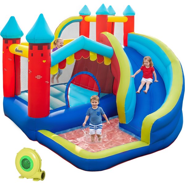 Outsunny Children's Inflatable Play Castle, 4-in-1 Bouncy House with Slide, Water Pool, Climbing Wall, for Ages 3-8, 2.9 x 2.7 x 2.3m