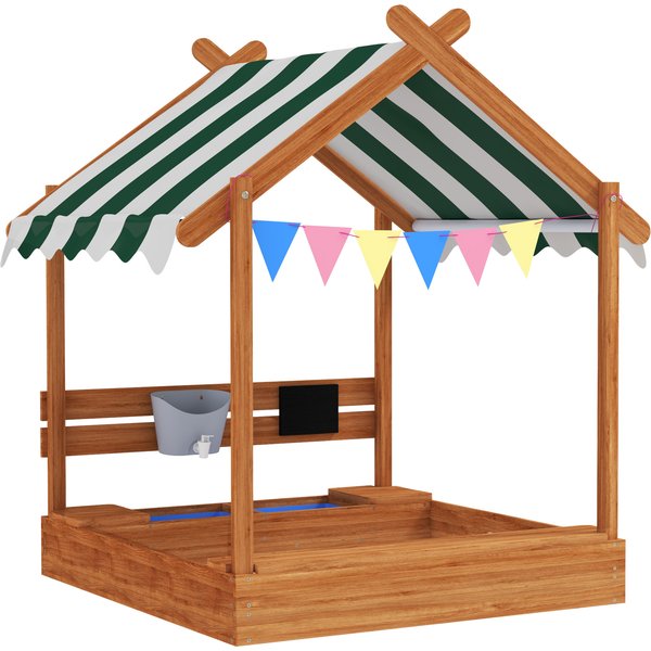 Outsunny Sandkasten mit Dach, Sandkiste aus Holz mit Sitzplatz, Spielhaus, 124 x 116 x 146 cm Sandbox mit Tafel für 3-7 Jahre Kinder, Garten, Orange Aosom