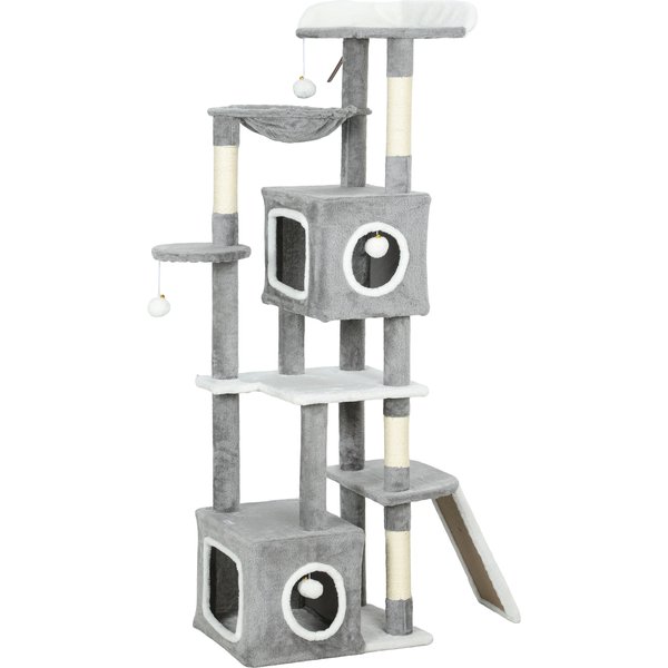 Pawhut Arbre à Chat Tour De Jeux Pour Chats Centre D'activitéS 2 Niches Plateformes Hamac éChelle Et 4 Pompons 165 Cm Gris-image