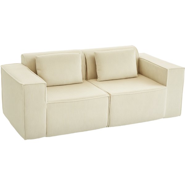 Homcom Canapé 3 Places En Velours CôTelé, Canapé Rembourré, Larges Accoudoirs, 2 Coussins, Pas De Montage, 202X90X76Cm, Beige-image